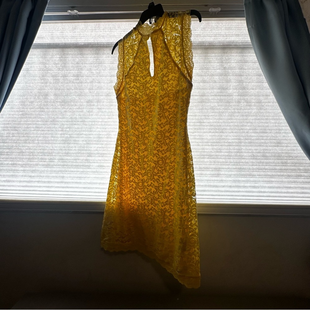 bebe Asymmetrical Yellow Lace Dress
